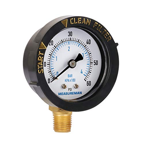 MEASUREMAN 2" Start and Clean Filter Pressure Gauge, Swimming Pool Filter Pressure Gauge, Spa, Aquarium, Water Pressure Gauge, 1/4" NPT Lower Mount 0-60Psi/bar