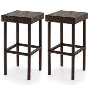 tangkula outdoor bar stool set of 2, patio rattan bar chairs w/galvanized steel frame, anti-slip footpads & cozy footrests, bar height chairs for poolside, outdoor bar, backyard (1, mix brown)