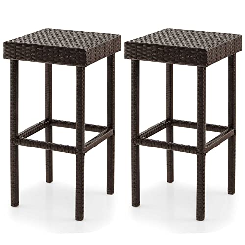 Tangkula Outdoor Bar Stool Set of 2, Patio Rattan Bar Chairs W/Galvanized Steel Frame, Anti-Slip Footpads & Cozy Footrests, Bar Height Chairs for Poolside, Outdoor Bar, Backyard (1, Mix Brown)