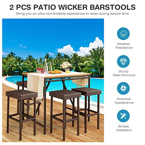 Tangkula Outdoor Bar Stool Set of 2, Patio Rattan Bar Chairs W/Galvanized Steel Frame, Anti-Slip Footpads & Cozy Footrests, Bar Height Chairs for Poolside, Outdoor Bar, Backyard (1, Mix Brown)