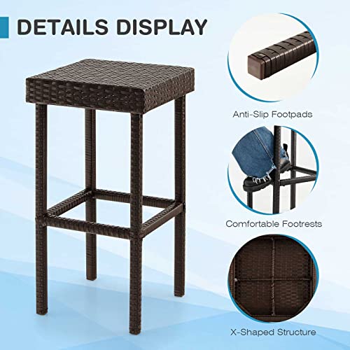 Tangkula Outdoor Bar Stool Set of 2, Patio Rattan Bar Chairs W/Galvanized Steel Frame, Anti-Slip Footpads & Cozy Footrests, Bar Height Chairs for Poolside, Outdoor Bar, Backyard (1, Mix Brown)