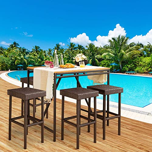 Tangkula Outdoor Bar Stool Set of 2, Patio Rattan Bar Chairs W/Galvanized Steel Frame, Anti-Slip Footpads & Cozy Footrests, Bar Height Chairs for Poolside, Outdoor Bar, Backyard (1, Mix Brown)