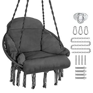 purekea hammock chair, macrame hanging swing chair with large padded cushion and hardware kits, max 330 lbs, hanging cotton rope chair for indoor, outdoor, bedroom, patio, porch, garden (grey)