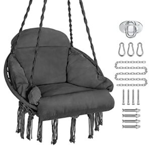 PUREKEA Hammock Chair, Macrame Hanging Swing Chair with Large Padded Cushion and Hardware Kits, Max 330 Lbs, Hanging Cotton Rope Chair for Indoor, Outdoor, Bedroom, Patio, Porch, Garden (Grey)