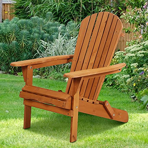 Hudada Adirondack Chair Outdoor Chairs Fire Pit Seating Folding Wooden Adirondack Lounger Chair Patio Chair Lawn Chair Weather Resistant Wood Chairs w/Natural Finish