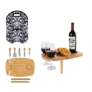 kozy home decor portable wine table with large wine cooler bag – outdoor wine table with bottle holder – wine picnic table with spatula, plain knife, cheese fork, heart knife and bottle lifter