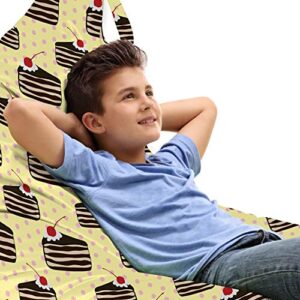 ambesonne cartoon lounger chair bag, cake slices on a polka-dotted pale yellow background, high capacity storage with handle container, lounger size, yellow multicolor