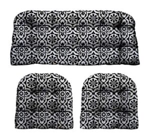 rsh décor indoor outdoor decorative 3 piece tufted love seat/settee & 2 u-shaped chair cushion set for wicker (standard ~ 2-19”x19” & 41”x19”, athens matte black fretwork)