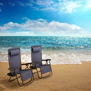 Lavish Home Navy Blue Outdoor Set of 2 Zero Lounge Chairs Folding Anti-Gravity Recliners with Side Table, Cup Holder & Pillow