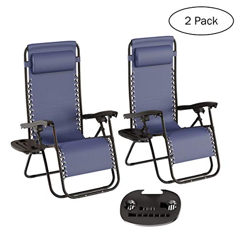 Lavish Home Navy Blue Outdoor Set of 2 Zero Lounge Chairs Folding Anti-Gravity Recliners with Side Table, Cup Holder & Pillow