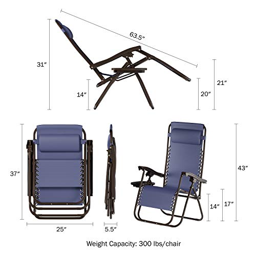 Lavish Home Navy Blue Outdoor Set of 2 Zero Lounge Chairs Folding Anti-Gravity Recliners with Side Table, Cup Holder & Pillow