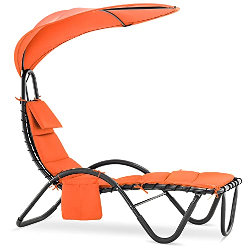 MCombo Outdoor Steel Chaise Lounge Chair with Removable Canopy and Cushions, Reclining Chair w/Side Pocket Arc Stand, for Beach Poolside Backyard Balcony Porch, 4097 (Orange)