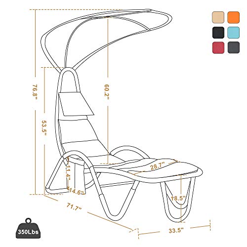 MCombo Outdoor Steel Chaise Lounge Chair with Removable Canopy and Cushions, Reclining Chair w/Side Pocket Arc Stand, for Beach Poolside Backyard Balcony Porch, 4097 (Orange)