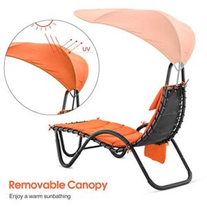 MCombo Outdoor Steel Chaise Lounge Chair with Removable Canopy and Cushions, Reclining Chair w/Side Pocket Arc Stand, for Beach Poolside Backyard Balcony Porch, 4097 (Orange)