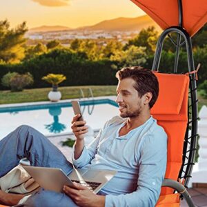 MCombo Outdoor Steel Chaise Lounge Chair with Removable Canopy and Cushions, Reclining Chair w/Side Pocket Arc Stand, for Beach Poolside Backyard Balcony Porch, 4097 (Orange)