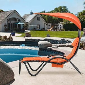 MCombo Outdoor Steel Chaise Lounge Chair with Removable Canopy and Cushions, Reclining Chair w/Side Pocket Arc Stand, for Beach Poolside Backyard Balcony Porch, 4097 (Orange)