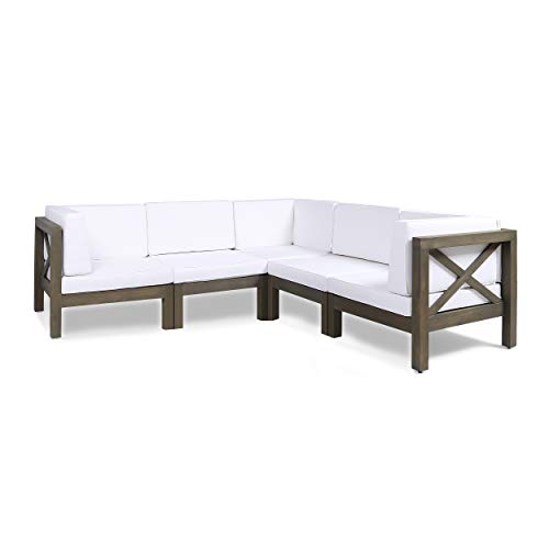 Great Deal Furniture Keith Outdoor Acacia Wood 5 Seater Sectional Sofa Set with Water-Resistant Cushions, Gray and White