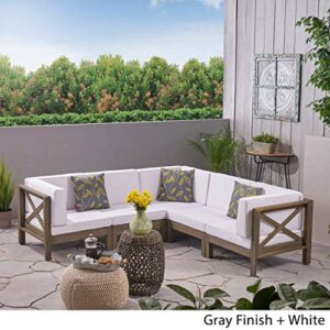 Great Deal Furniture Keith Outdoor Acacia Wood 5 Seater Sectional Sofa Set with Water-Resistant Cushions, Gray and White