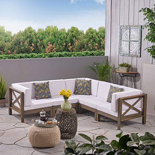 Great Deal Furniture Keith Outdoor Acacia Wood 5 Seater Sectional Sofa Set with Water-Resistant Cushions, Gray and White