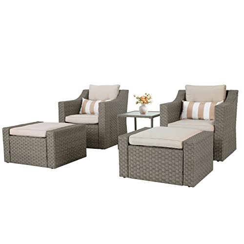 SOLAURA 5 Piece Patio Conversation Set Outdoor Furniture Set, Grey Wicker Lounge Chair with Ottoman Footrest, W/Coffee Table & Cushions (Beige) for Garden, Patio, Balcony, Deck