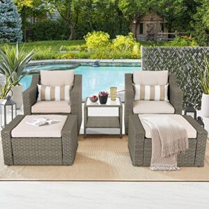 SOLAURA 5 Piece Patio Conversation Set Outdoor Furniture Set, Grey Wicker Lounge Chair with Ottoman Footrest, W/Coffee Table & Cushions (Beige) for Garden, Patio, Balcony, Deck