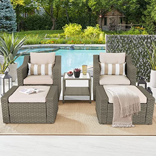 SOLAURA 5 Piece Patio Conversation Set Outdoor Furniture Set, Grey Wicker Lounge Chair with Ottoman Footrest, W/Coffee Table & Cushions (Beige) for Garden, Patio, Balcony, Deck