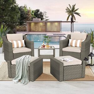 SOLAURA 5 Piece Patio Conversation Set Outdoor Furniture Set, Grey Wicker Lounge Chair with Ottoman Footrest, W/Coffee Table & Cushions (Beige) for Garden, Patio, Balcony, Deck