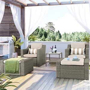 SOLAURA 5 Piece Patio Conversation Set Outdoor Furniture Set, Grey Wicker Lounge Chair with Ottoman Footrest, W/Coffee Table & Cushions (Beige) for Garden, Patio, Balcony, Deck