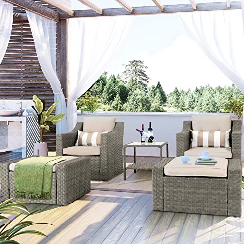 SOLAURA 5 Piece Patio Conversation Set Outdoor Furniture Set, Grey Wicker Lounge Chair with Ottoman Footrest, W/Coffee Table & Cushions (Beige) for Garden, Patio, Balcony, Deck