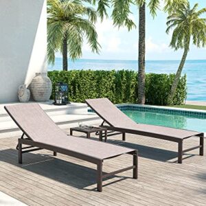 Crestlive Products Patio Chaise Lounge Set, 2PCS Outdoor Aluminum Lounge Chairs with 1PC Side Table, Adjustable Five-Position Recliner for Beach Pool Sunbathing Lawn, Yard (Beige)