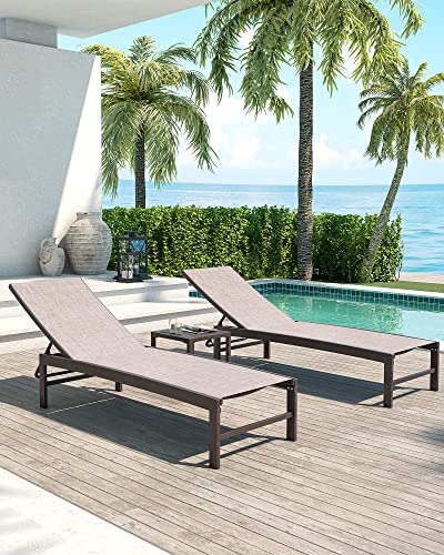 Crestlive Products Patio Chaise Lounge Set, 2PCS Outdoor Aluminum Lounge Chairs with 1PC Side Table, Adjustable Five-Position Recliner for Beach Pool Sunbathing Lawn, Yard (Beige)