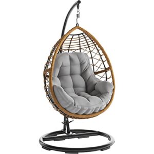 mod steel furniture willa hanging egg chair with stylish rattan wicker and boho plush cushion-willaegg-gry, grey/tan