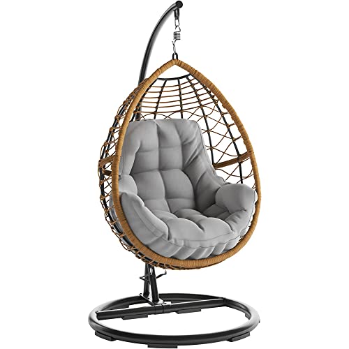 MOD Steel Furniture Willa Hanging Egg Chair with Stylish Rattan Wicker and Boho Plush Cushion-WILLAEGG-Gry, Grey/Tan