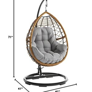 MOD Steel Furniture Willa Hanging Egg Chair with Stylish Rattan Wicker and Boho Plush Cushion-WILLAEGG-Gry, Grey/Tan