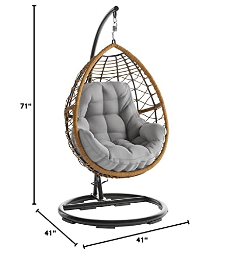 MOD Steel Furniture Willa Hanging Egg Chair with Stylish Rattan Wicker and Boho Plush Cushion-WILLAEGG-Gry, Grey/Tan