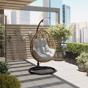 MOD Steel Furniture Willa Hanging Egg Chair with Stylish Rattan Wicker and Boho Plush Cushion-WILLAEGG-Gry, Grey/Tan