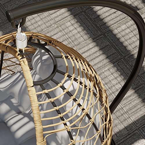 MOD Steel Furniture Willa Hanging Egg Chair with Stylish Rattan Wicker and Boho Plush Cushion-WILLAEGG-Gry, Grey/Tan