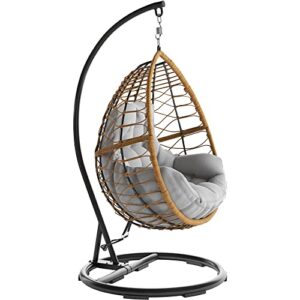 MOD Steel Furniture Willa Hanging Egg Chair with Stylish Rattan Wicker and Boho Plush Cushion-WILLAEGG-Gry, Grey/Tan