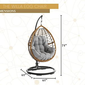 MOD Steel Furniture Willa Hanging Egg Chair with Stylish Rattan Wicker and Boho Plush Cushion-WILLAEGG-Gry, Grey/Tan