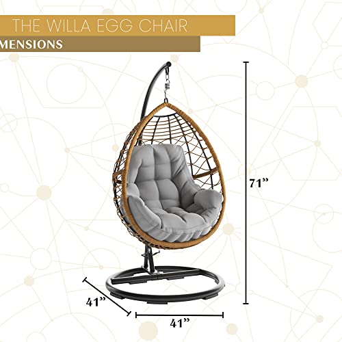 MOD Steel Furniture Willa Hanging Egg Chair with Stylish Rattan Wicker and Boho Plush Cushion-WILLAEGG-Gry, Grey/Tan