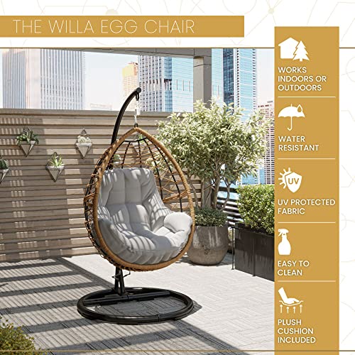 MOD Steel Furniture Willa Hanging Egg Chair with Stylish Rattan Wicker and Boho Plush Cushion-WILLAEGG-Gry, Grey/Tan