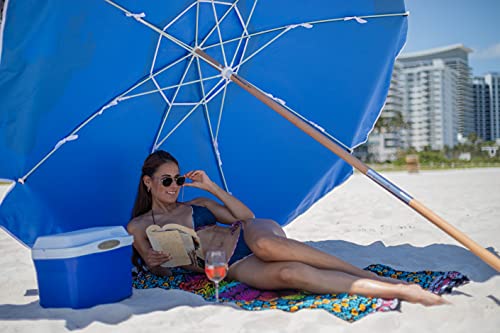 AMMSUN 7.5ft Heavy Duty HIGH Wind Beach Umbrella Commercial Grade Patio Beach Umbrella frames with Air Vent Ash Wood Pole & Carry Bag UV 50+ Protection Blue