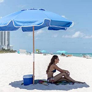 AMMSUN 7.5ft Heavy Duty HIGH Wind Beach Umbrella Commercial Grade Patio Beach Umbrella frames with Air Vent Ash Wood Pole & Carry Bag UV 50+ Protection Blue