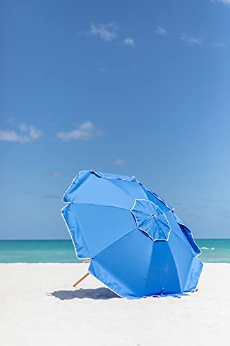 AMMSUN 7.5ft Heavy Duty HIGH Wind Beach Umbrella Commercial Grade Patio Beach Umbrella frames with Air Vent Ash Wood Pole & Carry Bag UV 50+ Protection Blue