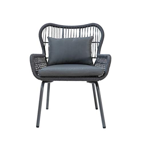 Great Deal Furniture Karen Outdoor Club Chairs, Steel and Rope, Water-Resistant Cushions, Boho, Dark Gray and Gray (Set of 2)