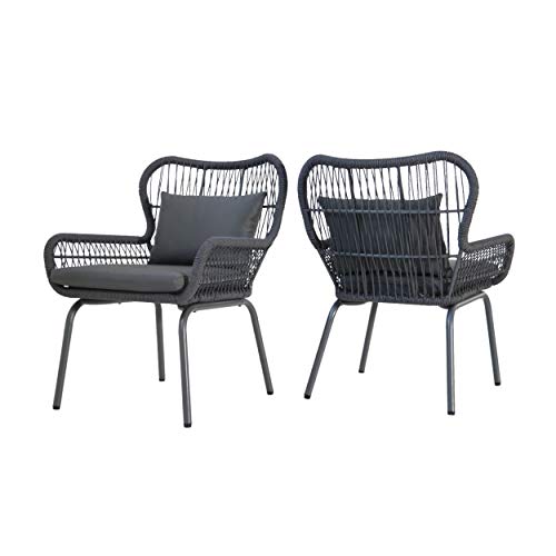 Great Deal Furniture Karen Outdoor Club Chairs, Steel and Rope, Water-Resistant Cushions, Boho, Dark Gray and Gray (Set of 2)