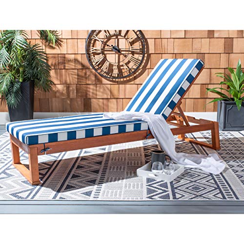 SAFAVIEH Outdoor Collection Solano Natural Wood/ Navy Stripe Cushion Patio Backyard Chaise Lounger Chair