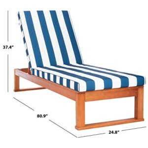 SAFAVIEH Outdoor Collection Solano Natural Wood/ Navy Stripe Cushion Patio Backyard Chaise Lounger Chair