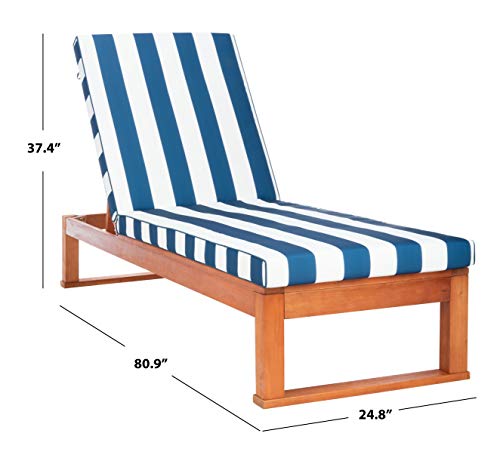 SAFAVIEH Outdoor Collection Solano Natural Wood/ Navy Stripe Cushion Patio Backyard Chaise Lounger Chair