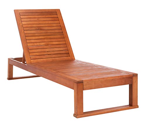 SAFAVIEH Outdoor Collection Solano Natural Wood/ Navy Stripe Cushion Patio Backyard Chaise Lounger Chair